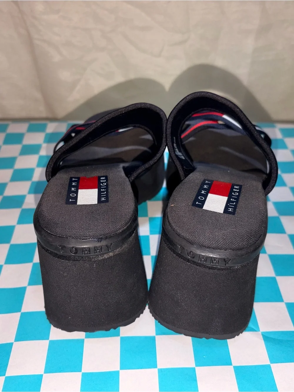Tommy Hilfiger Black Platform Slide Sandals with Signature Stripe